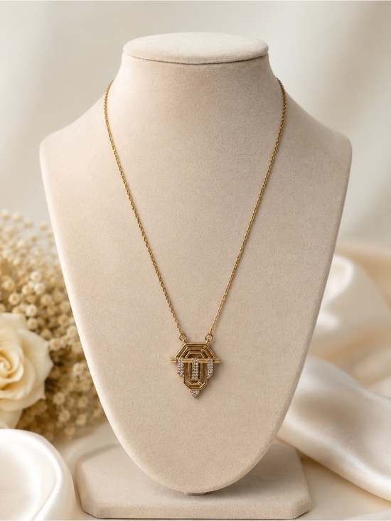 Other Jewelry - Gold Tone Geometric Pendant Necklace Clear Rhinestone Elegant Statement Jewelry